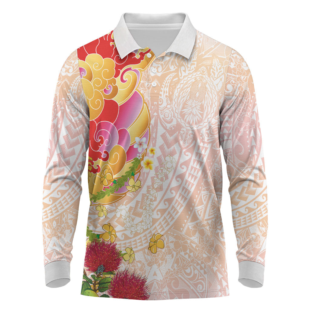 Japanese and Hawaiian Culture Fusion Long Sleeve Polo Shirt Irezumi with Turtles and Lei Kakau Pattern Sunset Vibe