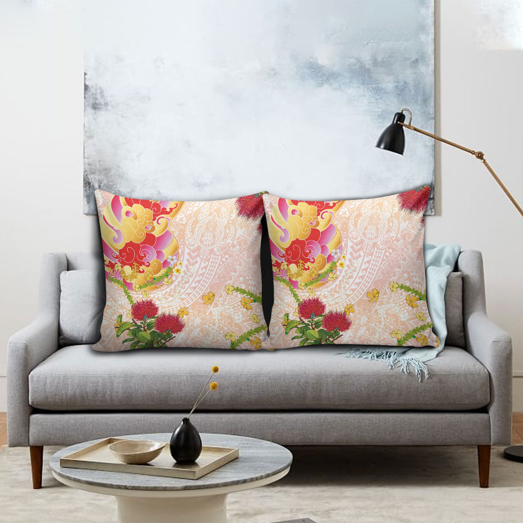 Japanese and Hawaiian Culture Fusion Pillow Cover Irezumi with Turtles and Lei Kakau Pattern Sunset Vibe LT03 - Polynesian Pride