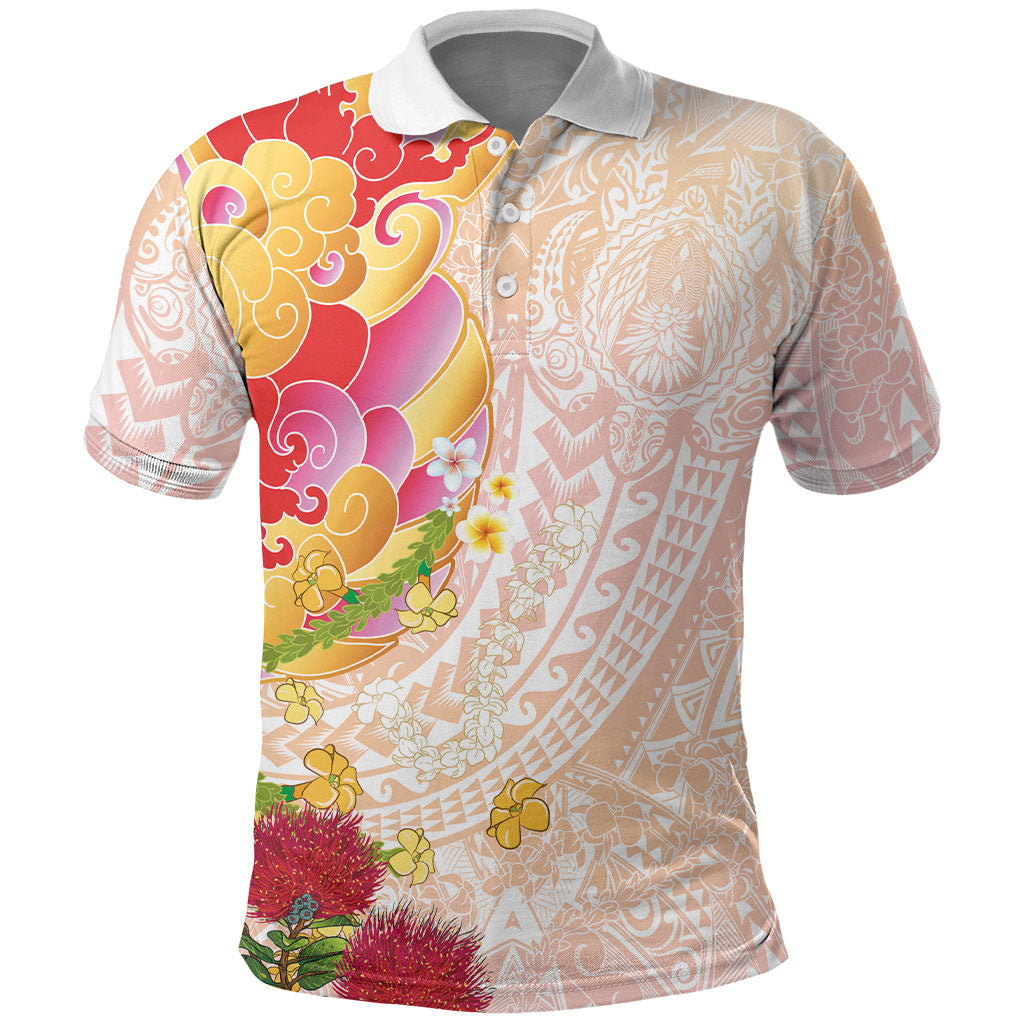 Japanese and Hawaiian Culture Fusion Polo Shirt Irezumi with Turtles and Lei Kakau Pattern Sunset Vibe