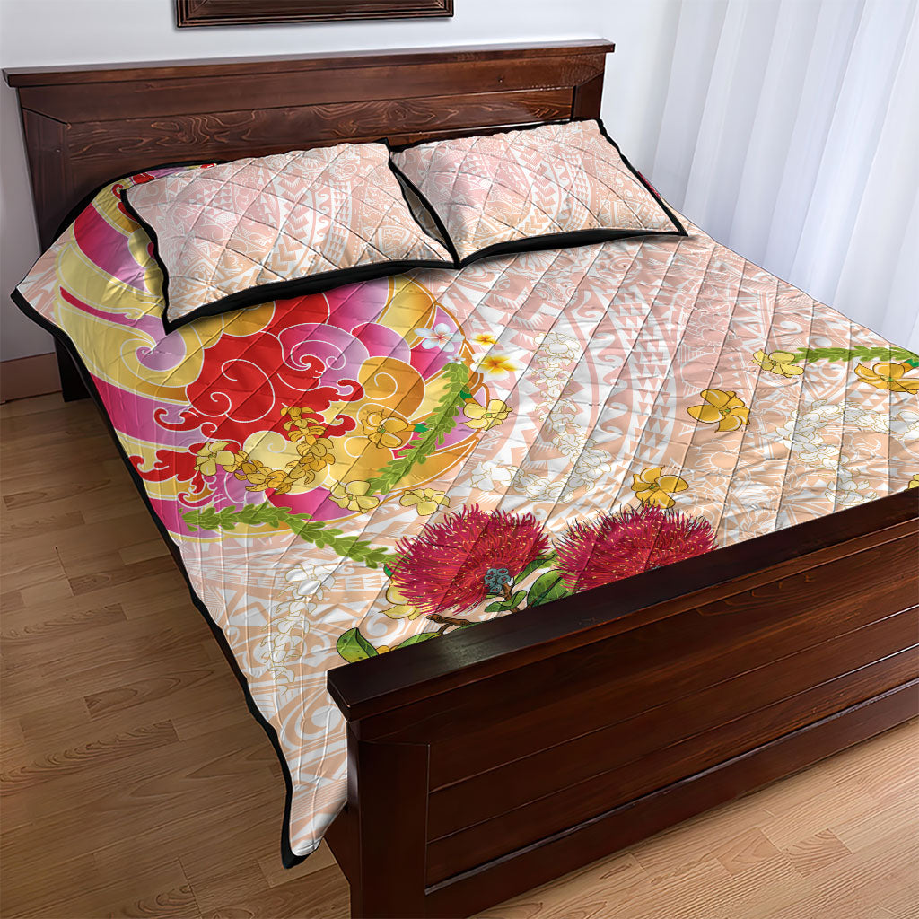 Japanese and Hawaiian Culture Fusion Quilt Bed Set Irezumi with Turtles and Lei Kakau Pattern Sunset Vibe LT03 - Polynesian Pride