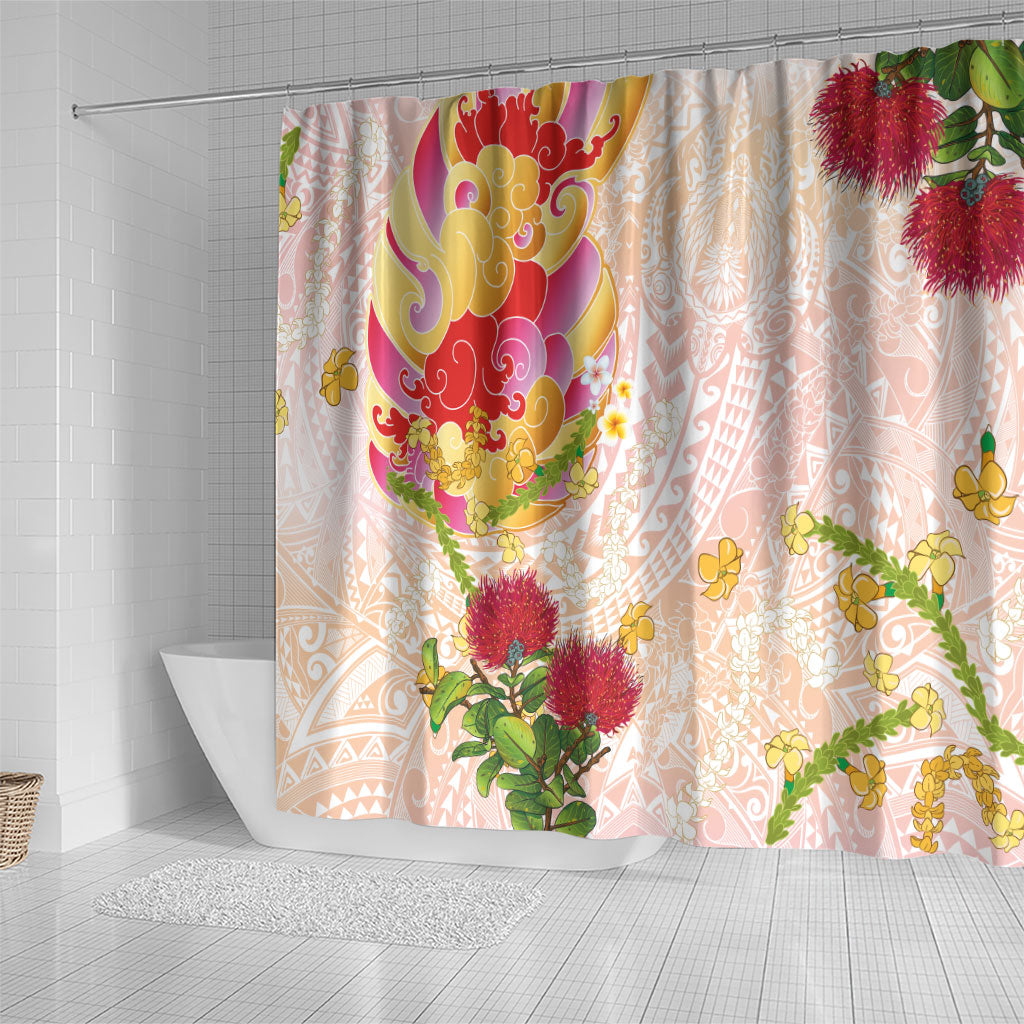 Japanese and Hawaiian Culture Fusion Shower Curtain Irezumi with Turtles and Lei Kakau Pattern Sunset Vibe LT03 - Polynesian Pride