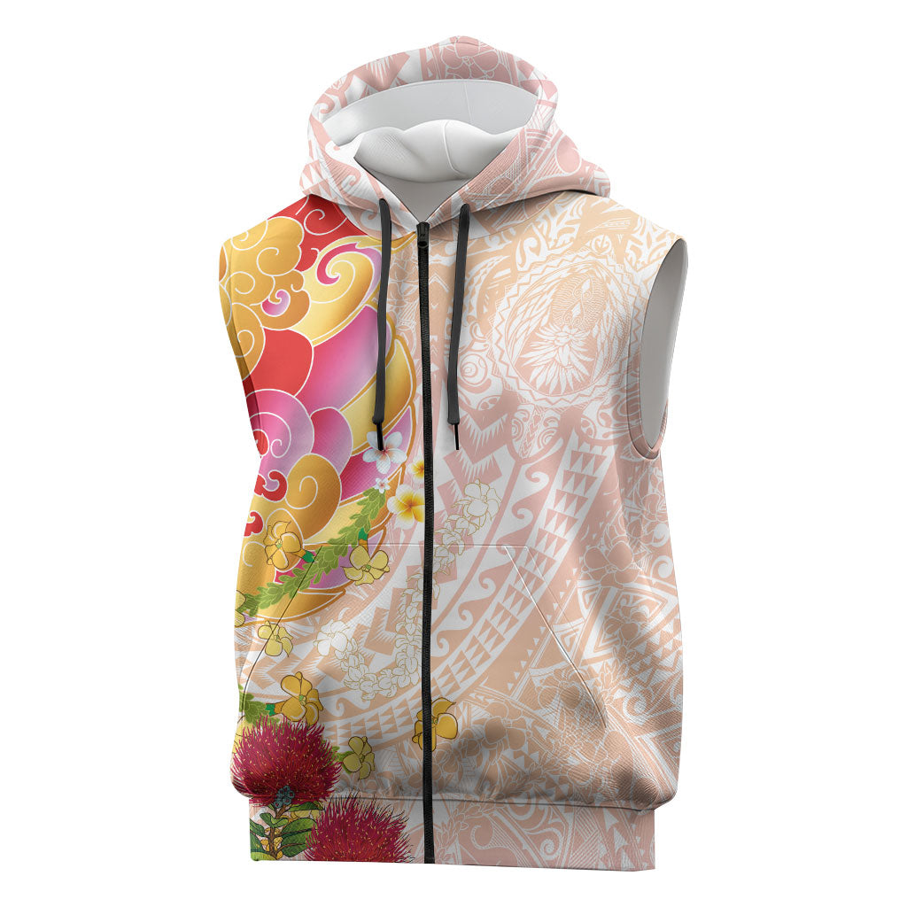 Japanese and Hawaiian Culture Fusion Sleeveless Zip Hoodie Irezumi with Turtles and Lei Kakau Pattern Sunset Vibe LT03 Multicolor - Polynesian Pride