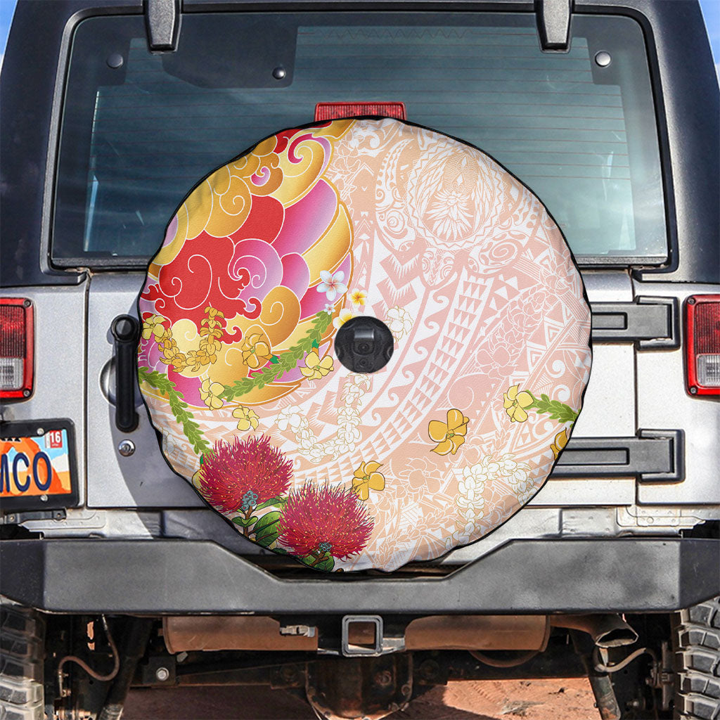 Japanese and Hawaiian Culture Fusion Spare Tire Cover Irezumi with Turtles and Lei Kakau Pattern Sunset Vibe LT03 Multicolor - Polynesian Pride