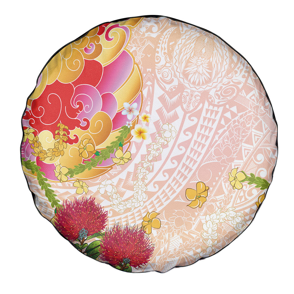 Japanese and Hawaiian Culture Fusion Spare Tire Cover Irezumi with Turtles and Lei Kakau Pattern Sunset Vibe LT03 - Polynesian Pride