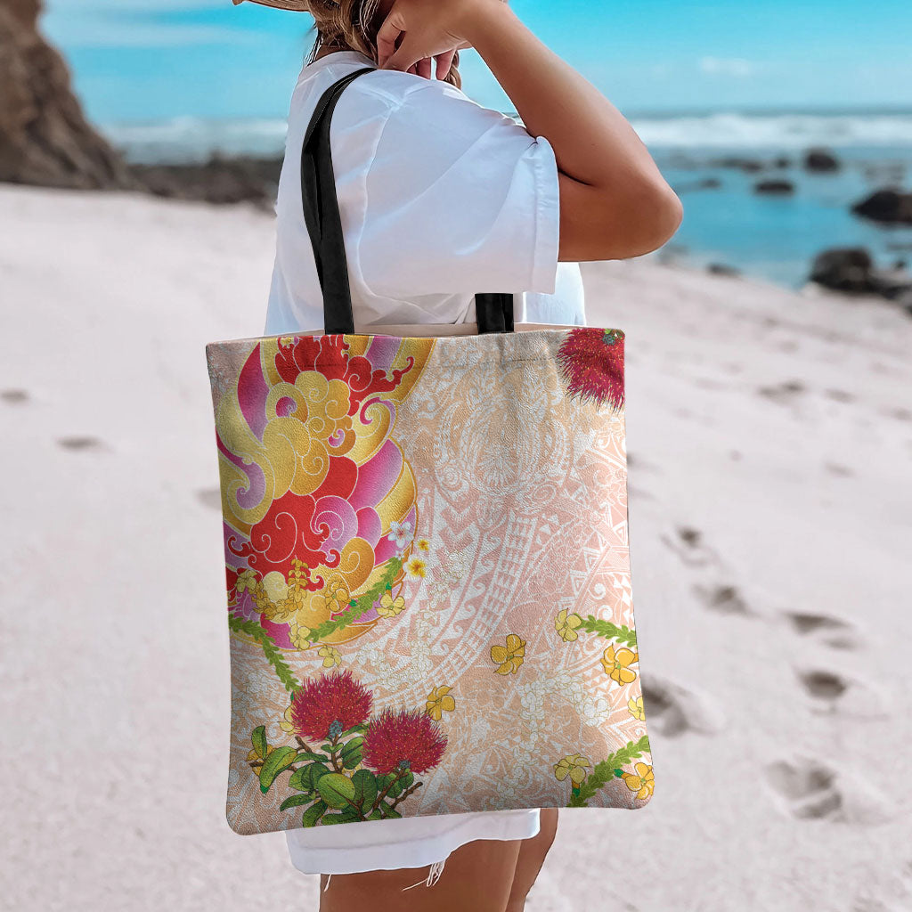 Japanese and Hawaiian Culture Fusion Tote Bag Irezumi with Turtles and Lei Kakau Pattern Sunset Vibe LT03 - Polynesian Pride