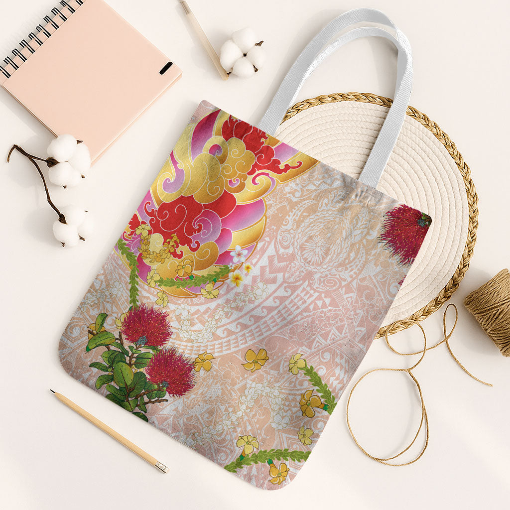 Japanese and Hawaiian Culture Fusion Tote Bag Irezumi with Turtles and Lei Kakau Pattern Sunset Vibe LT03 White Strap One Size Multicolor - Polynesian Pride