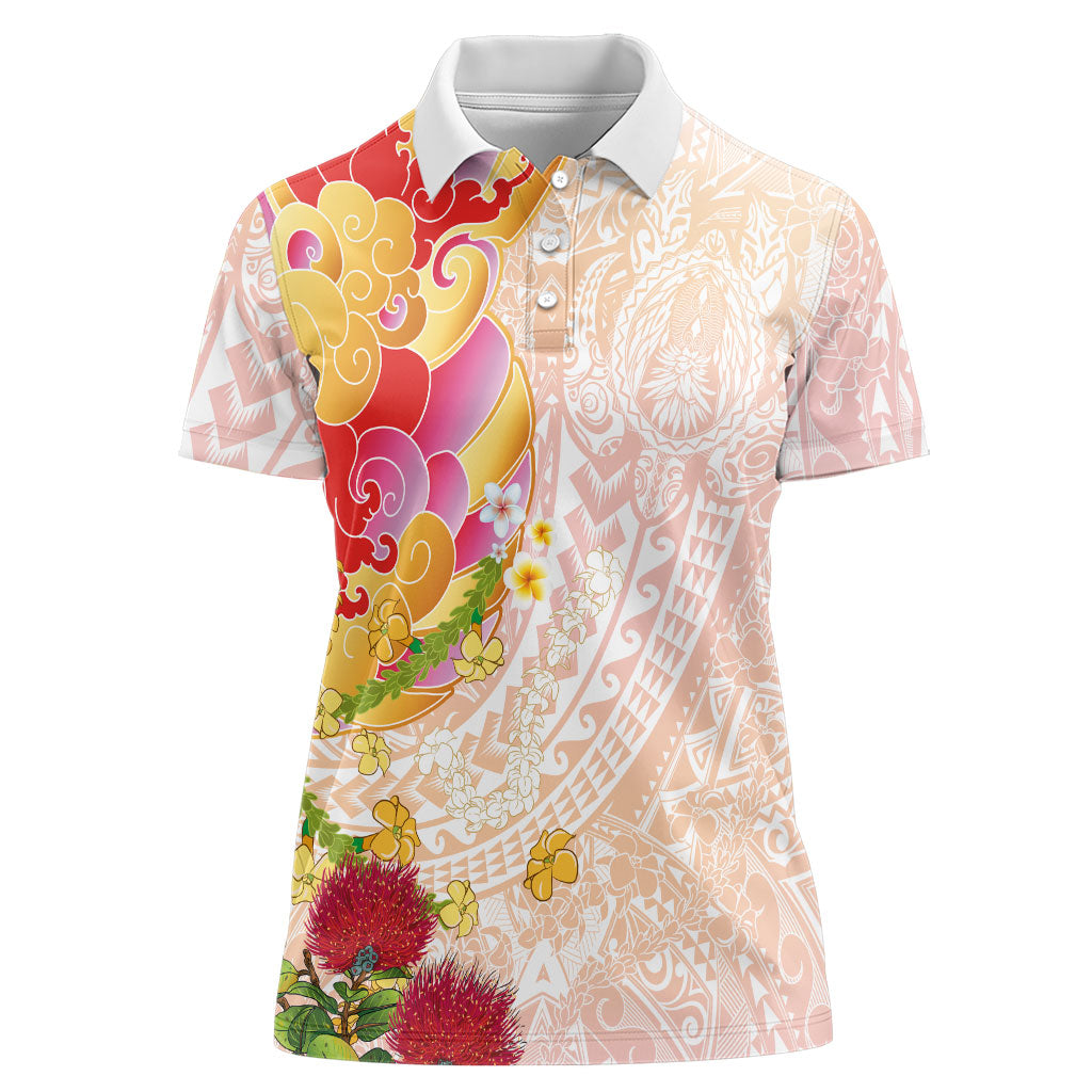 Japanese and Hawaiian Culture Fusion Women Polo Shirt Irezumi with Turtles and Lei Kakau Pattern Sunset Vibe LT03 Female Multicolor - Polynesian Pride