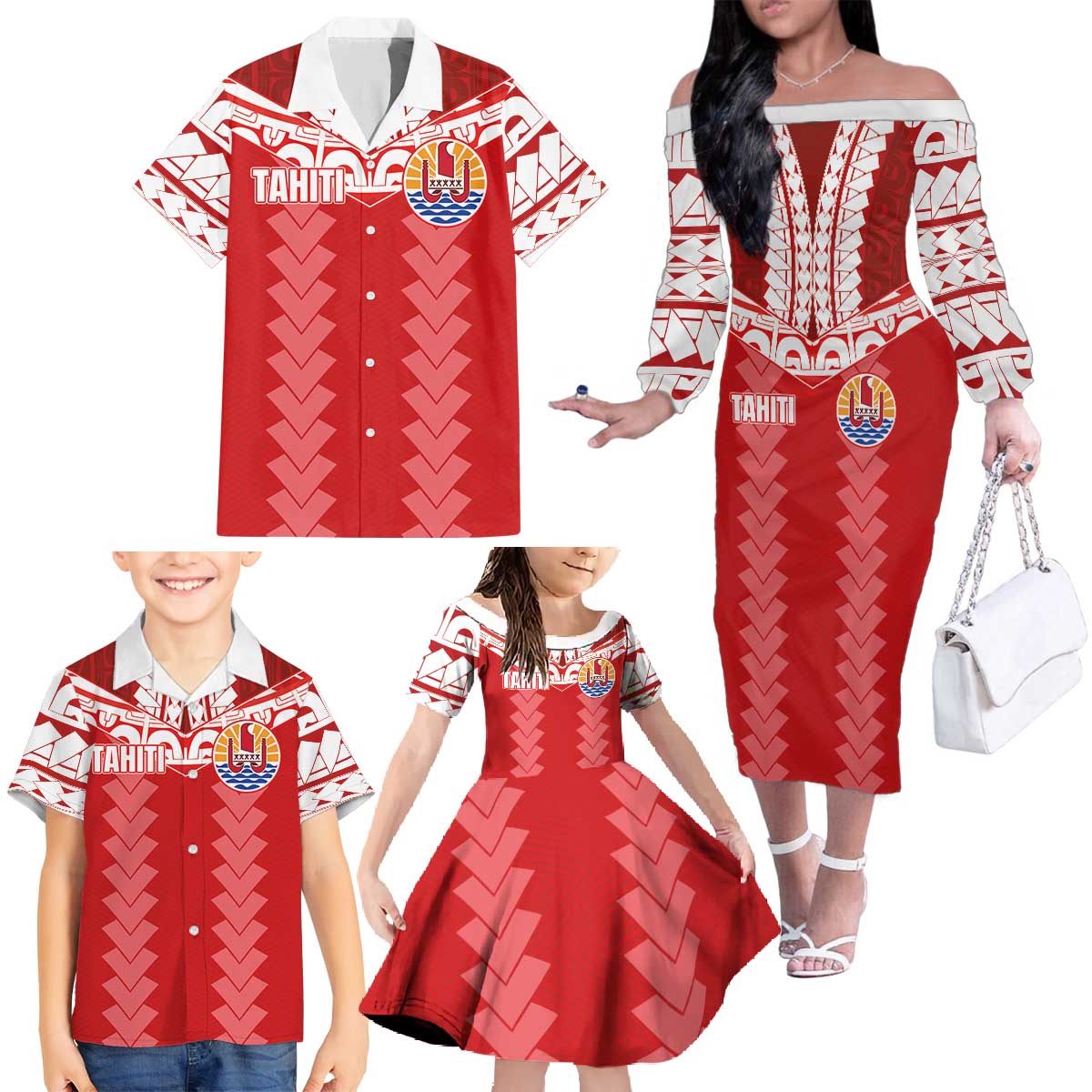 Custom Tahiti Football Polynesian Pattern Family Matching Off The Shoulder Long Sleeve Dress and Hawaiian Shirt LT03 - Polynesian Pride
