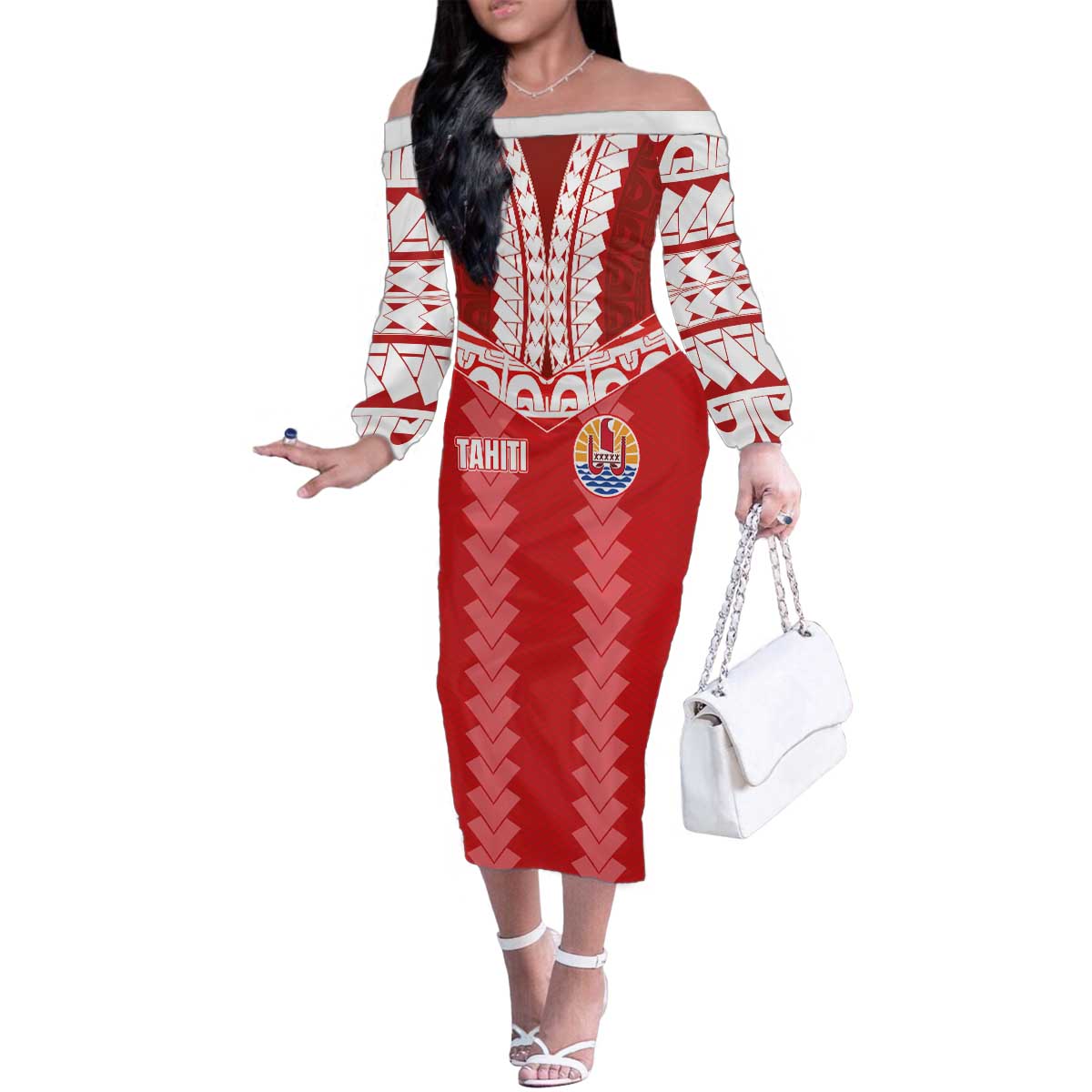 Custom Tahiti Football Polynesian Pattern Family Matching Off The Shoulder Long Sleeve Dress and Hawaiian Shirt LT03 Mom's Dress Red - Polynesian Pride