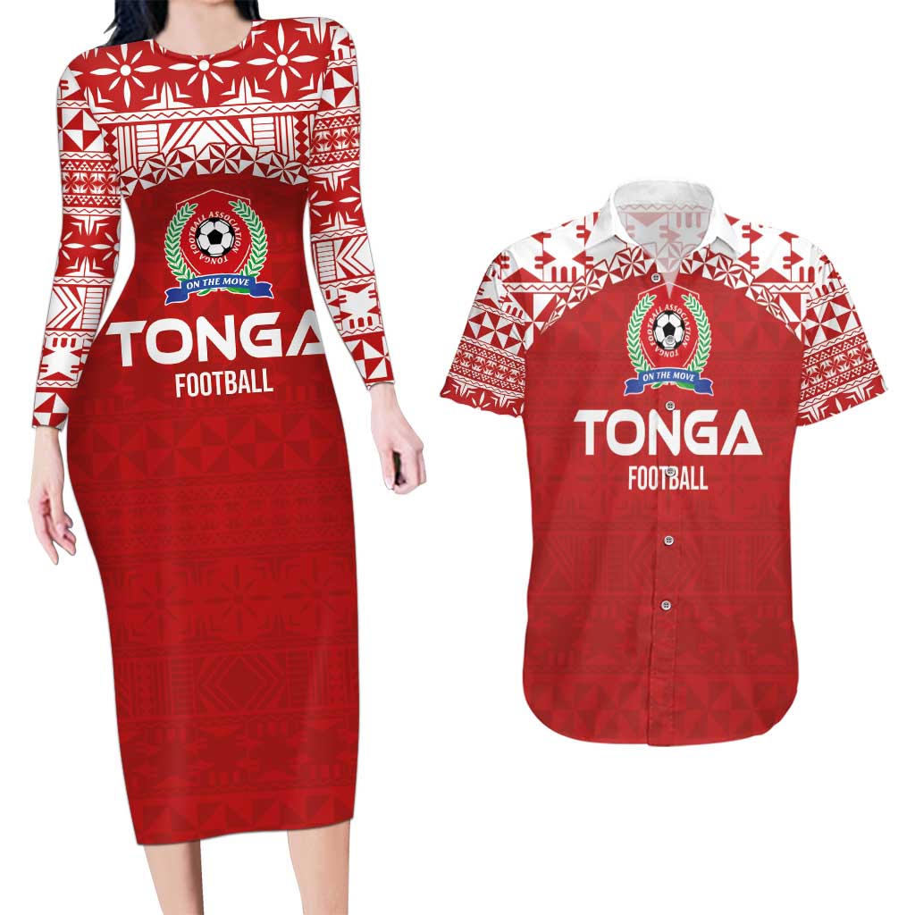 Custom Tonga Football Ngatu Tribal Tattoo Couples Matching Long Sleeve Bodycon Dress and Hawaiian Shirt LT03 Red - Polynesian Pride
