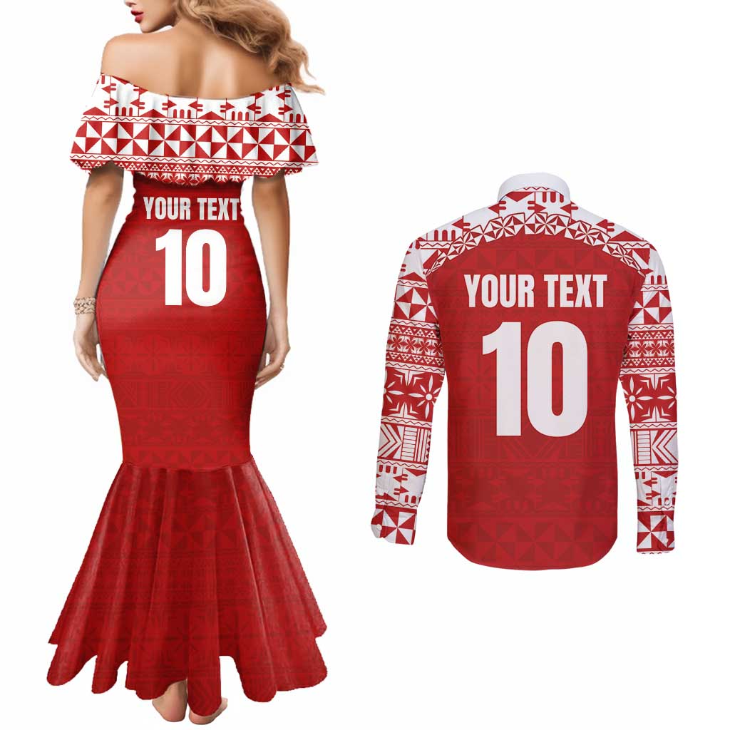 Custom Tonga Football Ngatu Tribal Tattoo Couples Matching Mermaid Dress and Long Sleeve Button Shirt