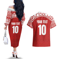 Custom Tonga Football Ngatu Tribal Tattoo Couples Matching Off The Shoulder Long Sleeve Dress and Hawaiian Shirt