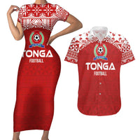 Custom Tonga Football Ngatu Tribal Tattoo Couples Matching Short Sleeve Bodycon Dress and Hawaiian Shirt LT03 Red - Polynesian Pride