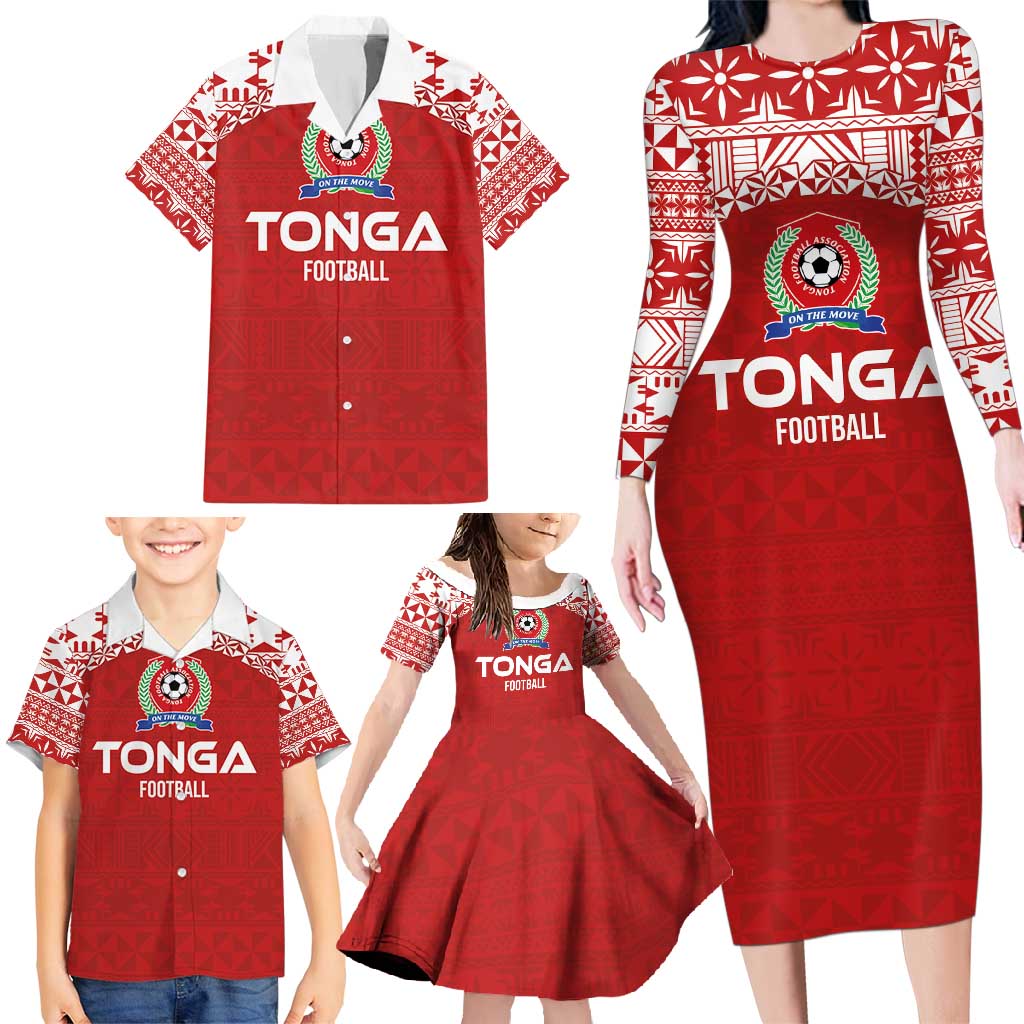 Custom Tonga Football Ngatu Tribal Tattoo Family Matching Long Sleeve Bodycon Dress and Hawaiian Shirt LT03 - Polynesian Pride