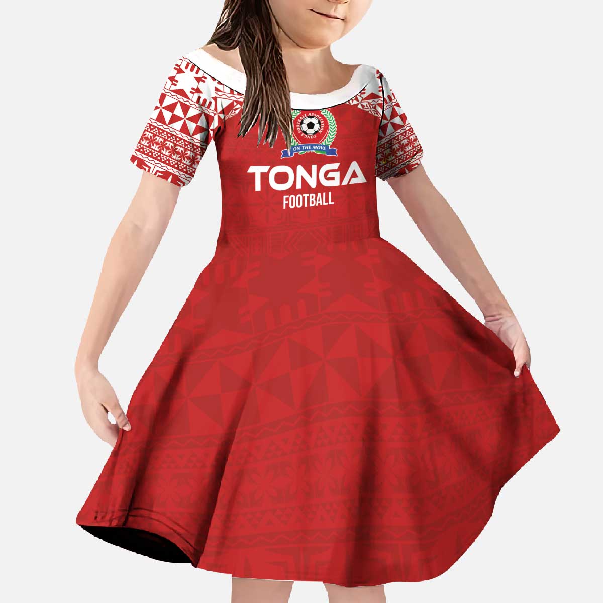 Custom Tonga Football Ngatu Tribal Tattoo Family Matching Off The Shoulder Long Sleeve Dress and Hawaiian Shirt LT03 Daughter's Dress Red - Polynesian Pride