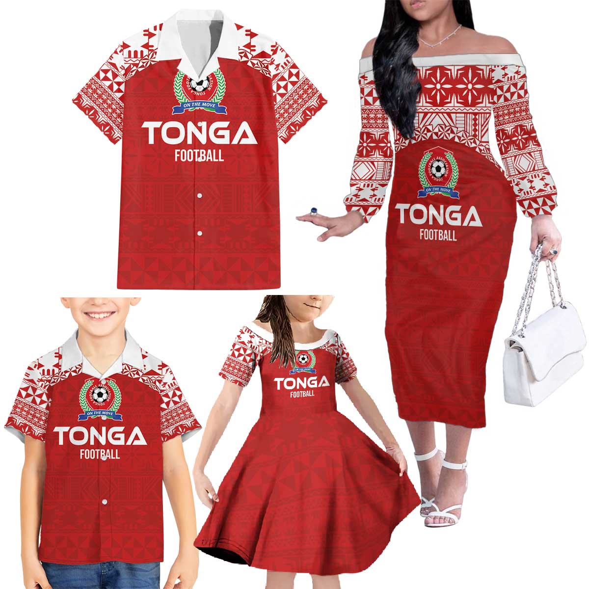 Custom Tonga Football Ngatu Tribal Tattoo Family Matching Off The Shoulder Long Sleeve Dress and Hawaiian Shirt LT03 - Polynesian Pride
