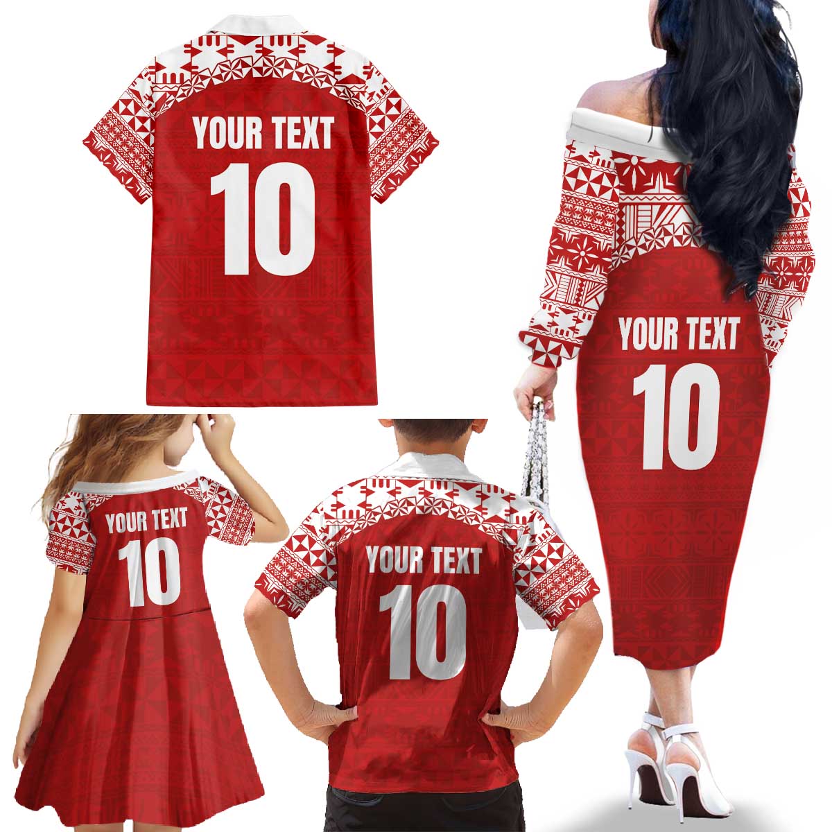 Custom Tonga Football Ngatu Tribal Tattoo Family Matching Off The Shoulder Long Sleeve Dress and Hawaiian Shirt LT03 - Polynesian Pride