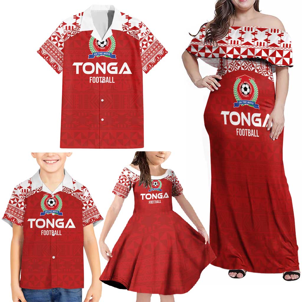Custom Tonga Football Ngatu Tribal Tattoo Family Matching Off Shoulder Maxi Dress and Hawaiian Shirt LT03 - Polynesian Pride