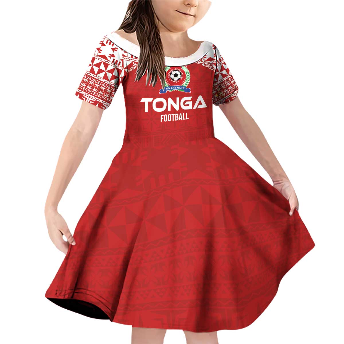 Custom Tonga Football Ngatu Tribal Tattoo Family Matching Off Shoulder Short Dress and Hawaiian Shirt LT03 Daughter's Dress Red - Polynesian Pride
