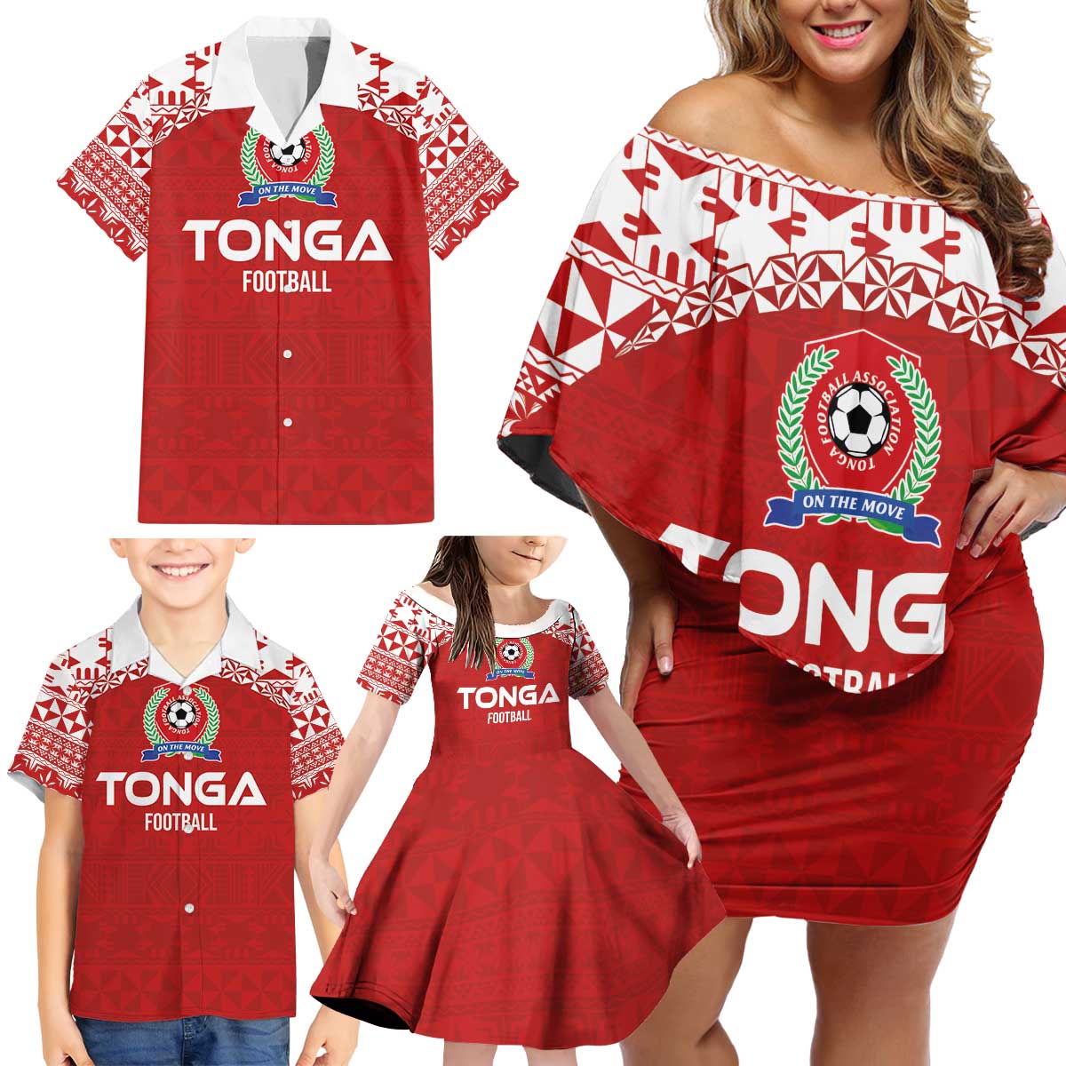 Custom Tonga Football Ngatu Tribal Tattoo Family Matching Off Shoulder Short Dress and Hawaiian Shirt LT03 - Polynesian Pride