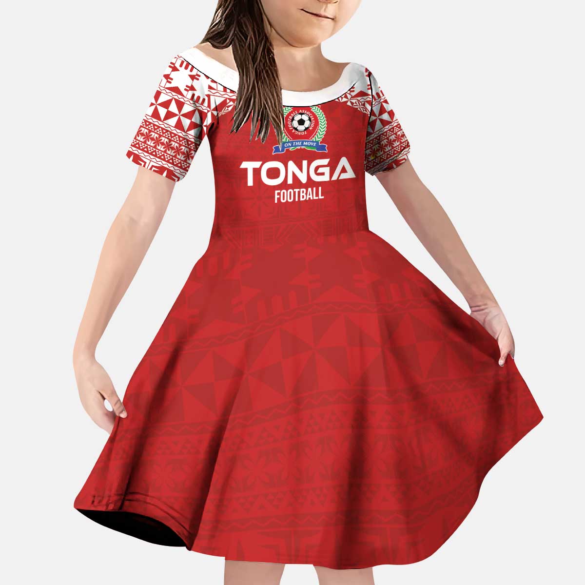 Custom Tonga Football Ngatu Tribal Tattoo Family Matching Puletasi and Hawaiian Shirt LT03 Daughter's Dress Red - Polynesian Pride