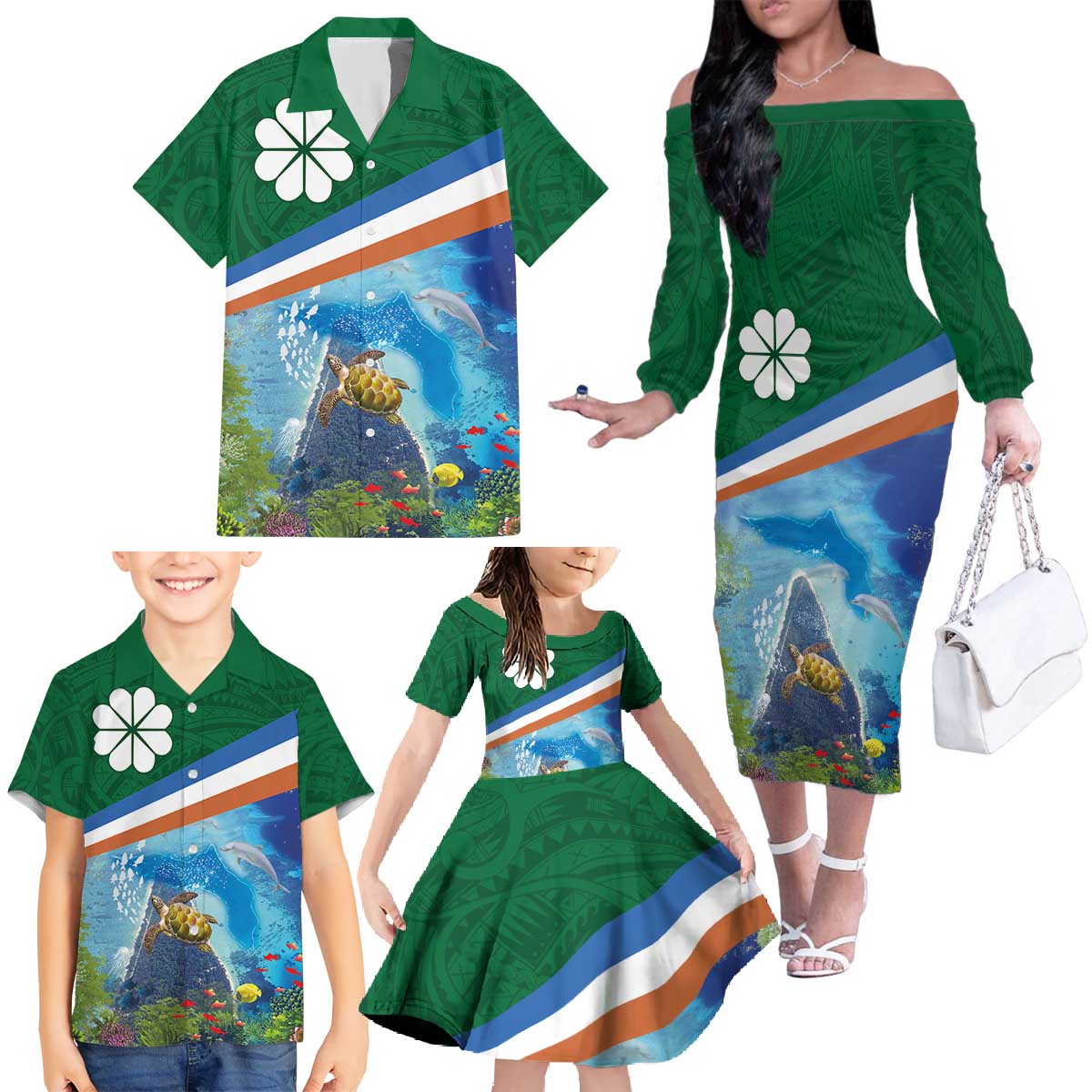 Marshall Islands Kwajalein Atoll Family Matching Off The Shoulder Long Sleeve Dress and Hawaiian Shirt Polynesian Pattern and Undersea Animals LT03 - Polynesian Pride
