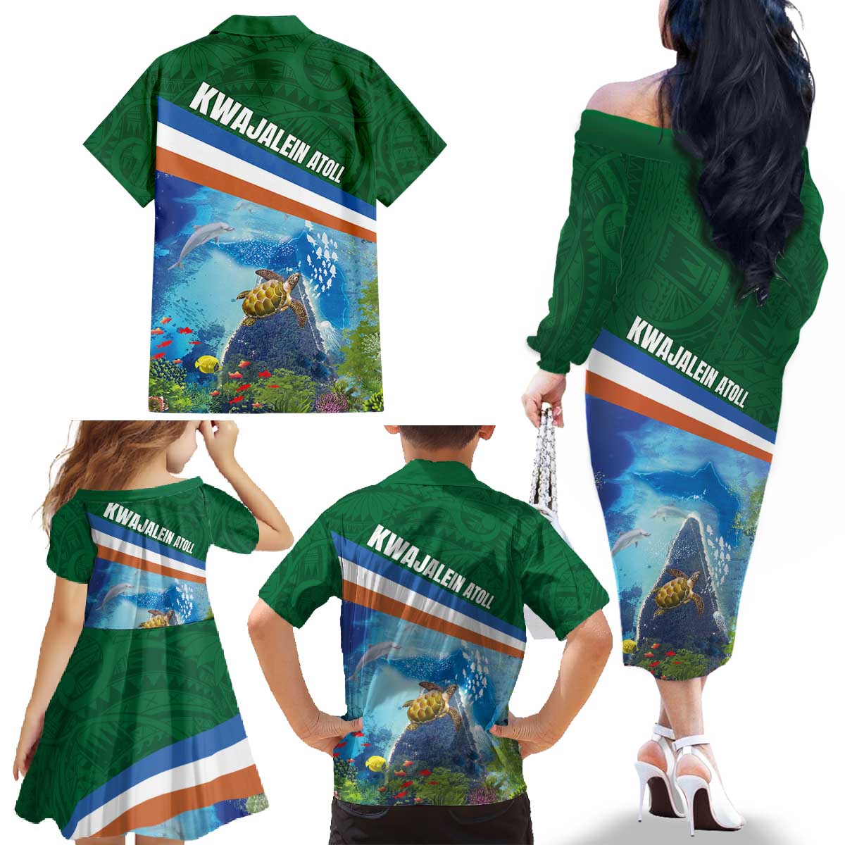 Marshall Islands Kwajalein Atoll Family Matching Off The Shoulder Long Sleeve Dress and Hawaiian Shirt Polynesian Pattern and Undersea Animals LT03 - Polynesian Pride