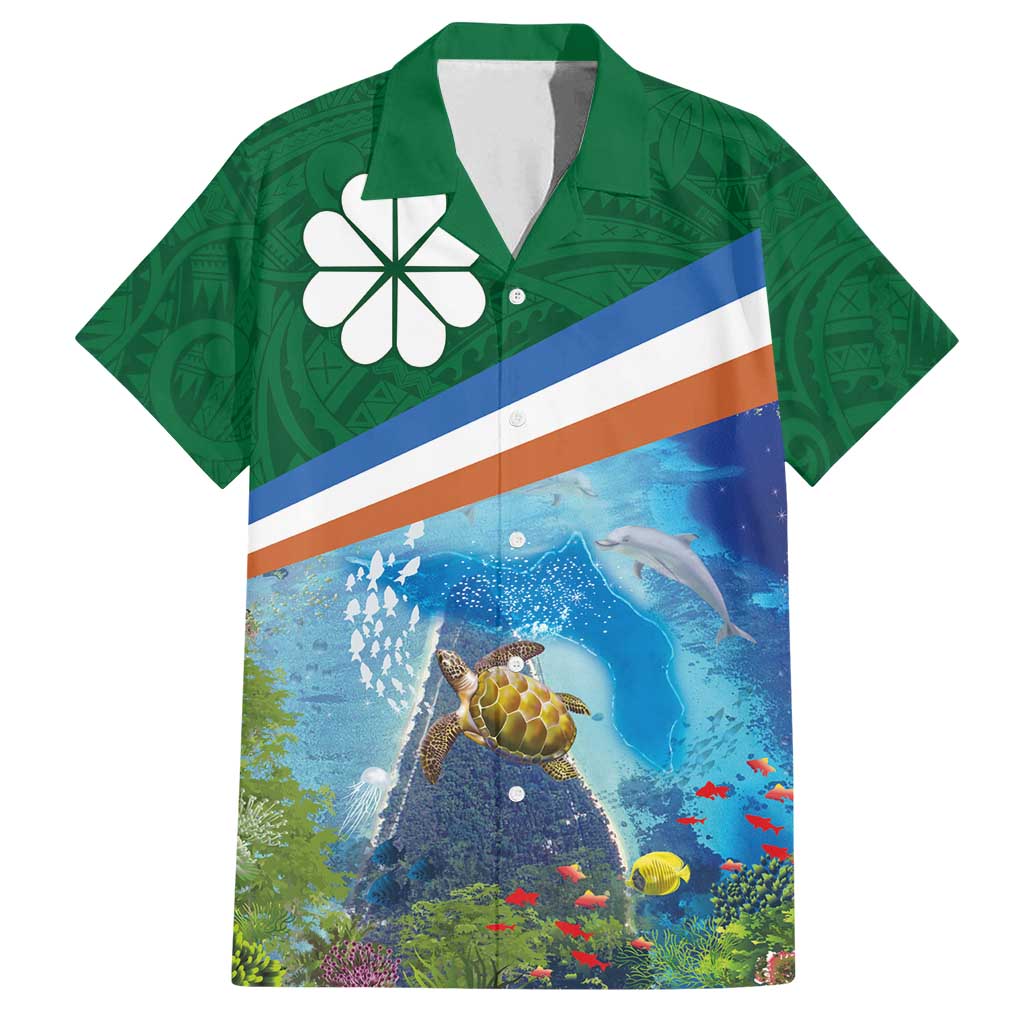 Marshall Islands Kwajalein Atoll Family Matching Off Shoulder Maxi Dress and Hawaiian Shirt Polynesian Pattern and Undersea Animals LT03 Dad's Shirt - Short Sleeve Blue - Polynesian Pride