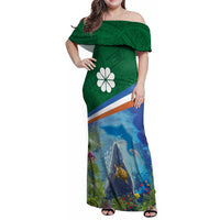 Marshall Islands Kwajalein Atoll Family Matching Off Shoulder Maxi Dress and Hawaiian Shirt Polynesian Pattern and Undersea Animals LT03 Mom's Dress Blue - Polynesian Pride