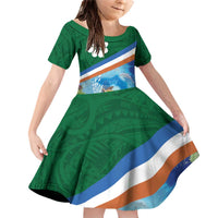 Marshall Islands Kwajalein Atoll Family Matching Off Shoulder Short Dress and Hawaiian Shirt Polynesian Pattern and Undersea Animals LT03 Daughter's Dress Blue - Polynesian Pride