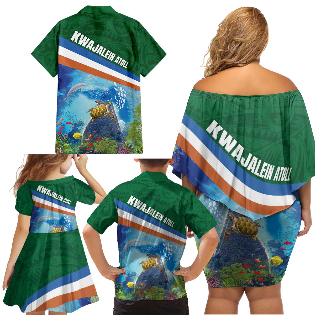 Marshall Islands Kwajalein Atoll Family Matching Off Shoulder Short Dress and Hawaiian Shirt Polynesian Pattern and Undersea Animals LT03 - Polynesian Pride