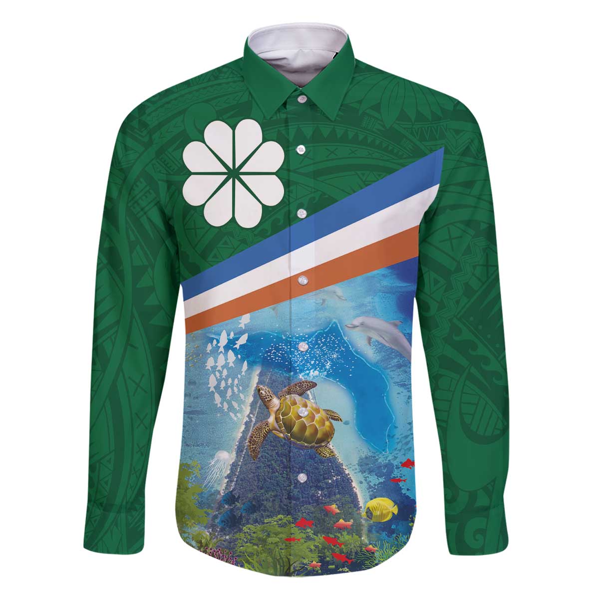 Marshall Islands Kwajalein Atoll Family Matching Off Shoulder Short Dress and Hawaiian Shirt Polynesian Pattern and Undersea Animals LT03 Dad's Shirt - Long Sleeve Blue - Polynesian Pride