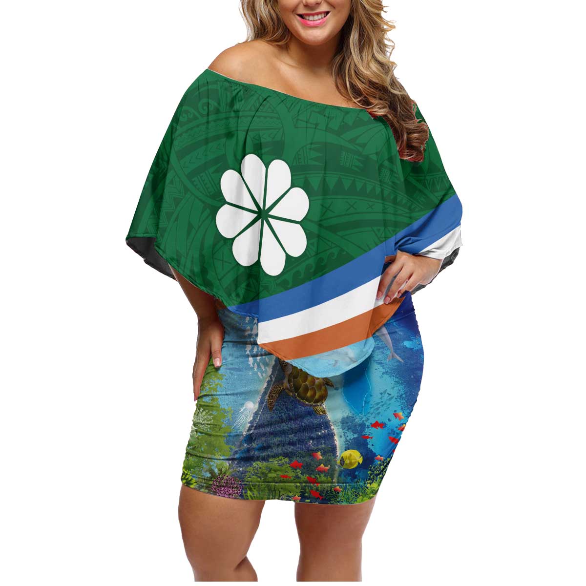 Marshall Islands Kwajalein Atoll Family Matching Off Shoulder Short Dress and Hawaiian Shirt Polynesian Pattern and Undersea Animals LT03 Mom's Dress Blue - Polynesian Pride