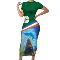 Marshall Islands Kwajalein Atoll Family Matching Short Sleeve Bodycon Dress and Hawaiian Shirt Polynesian Pattern and Undersea Animals LT03 Mom's Dress Blue - Polynesian Pride