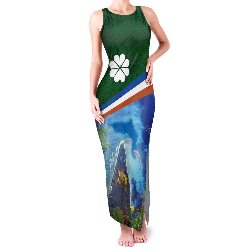 Marshall Islands Kwajalein Atoll Tank Maxi Dress Polynesian Pattern and Undersea Animals LT03 Women Blue - Polynesian Pride
