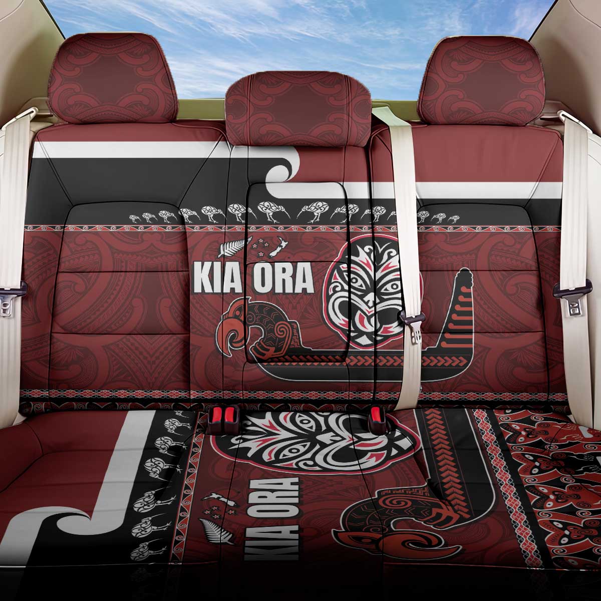 New Zealand Culture Back Car Seat Cover Kia Ora Aotearoa Moko Tattoo Mask with Waka and Maori Art Pattern LT03 One Size Red - Polynesian Pride