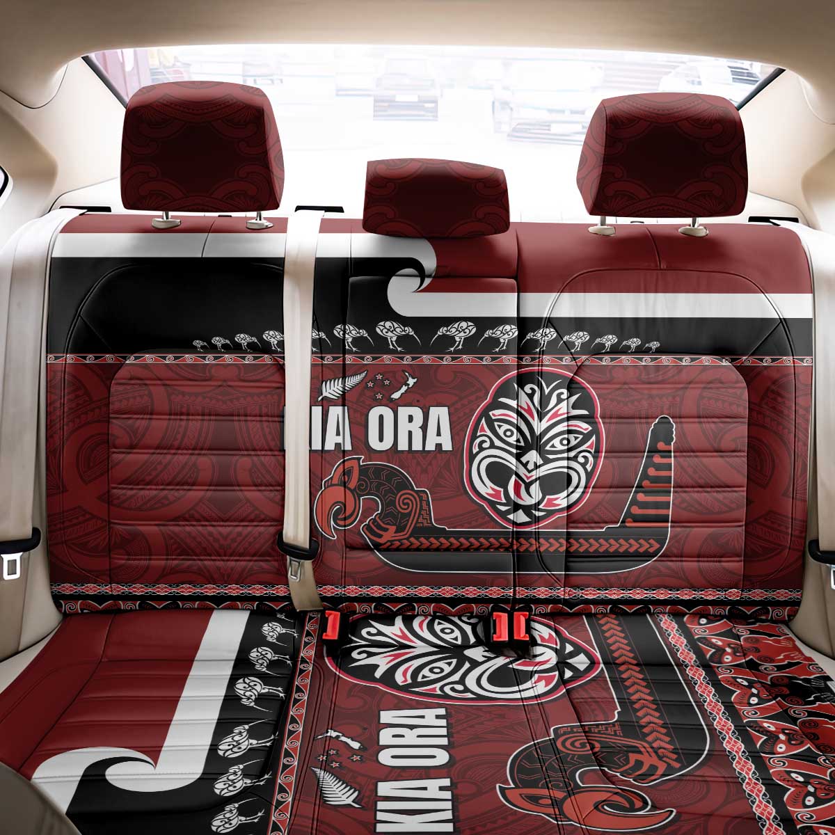 New Zealand Culture Back Car Seat Cover Kia Ora Aotearoa Moko Tattoo Mask with Waka and Maori Art Pattern LT03 - Polynesian Pride