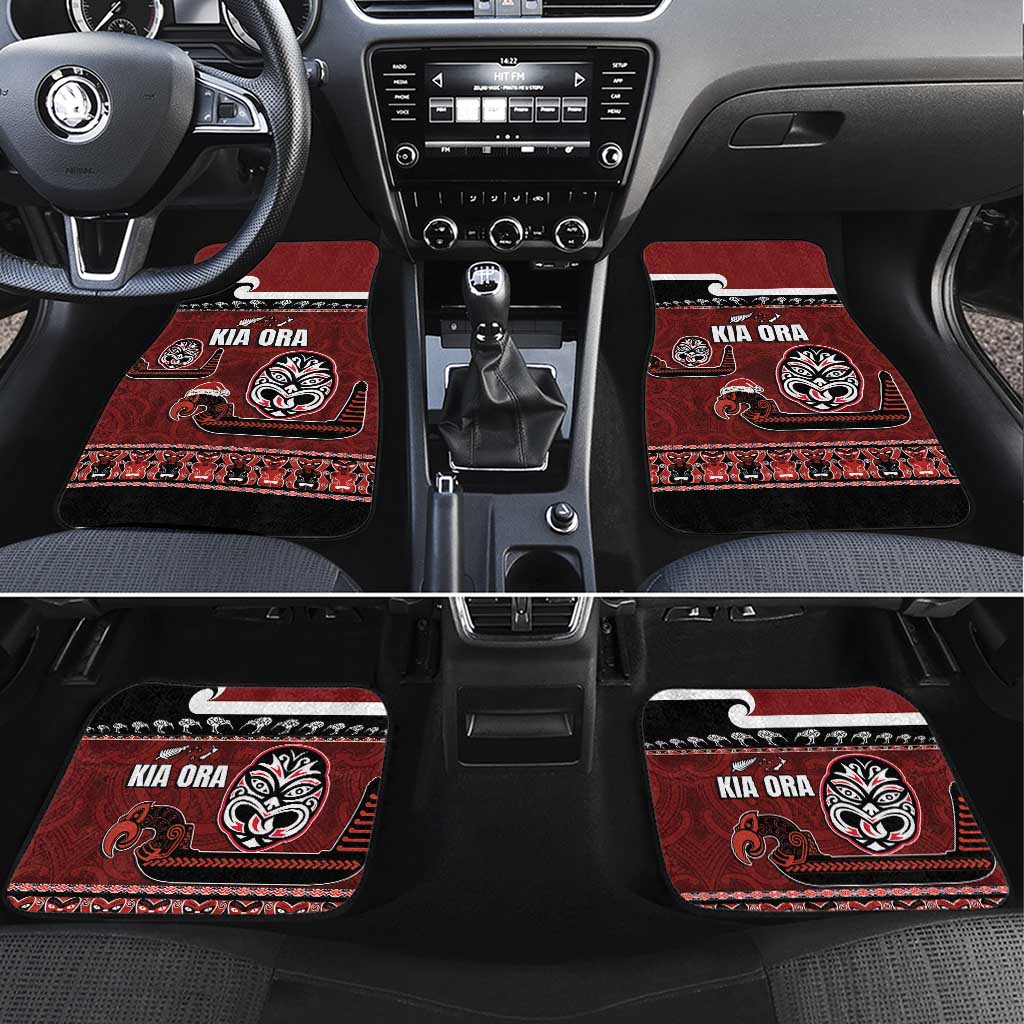 New Zealand Culture Car Mats Kia Ora Aotearoa Moko Tattoo Mask with Waka and Maori Art Pattern LT03 Set 4pcs Red - Polynesian Pride