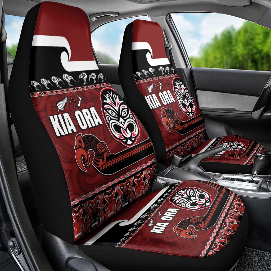 New Zealand Culture Car Seat Cover Kia Ora Aotearoa Moko Tattoo Mask with Waka and Maori Art Pattern LT03 - Polynesian Pride