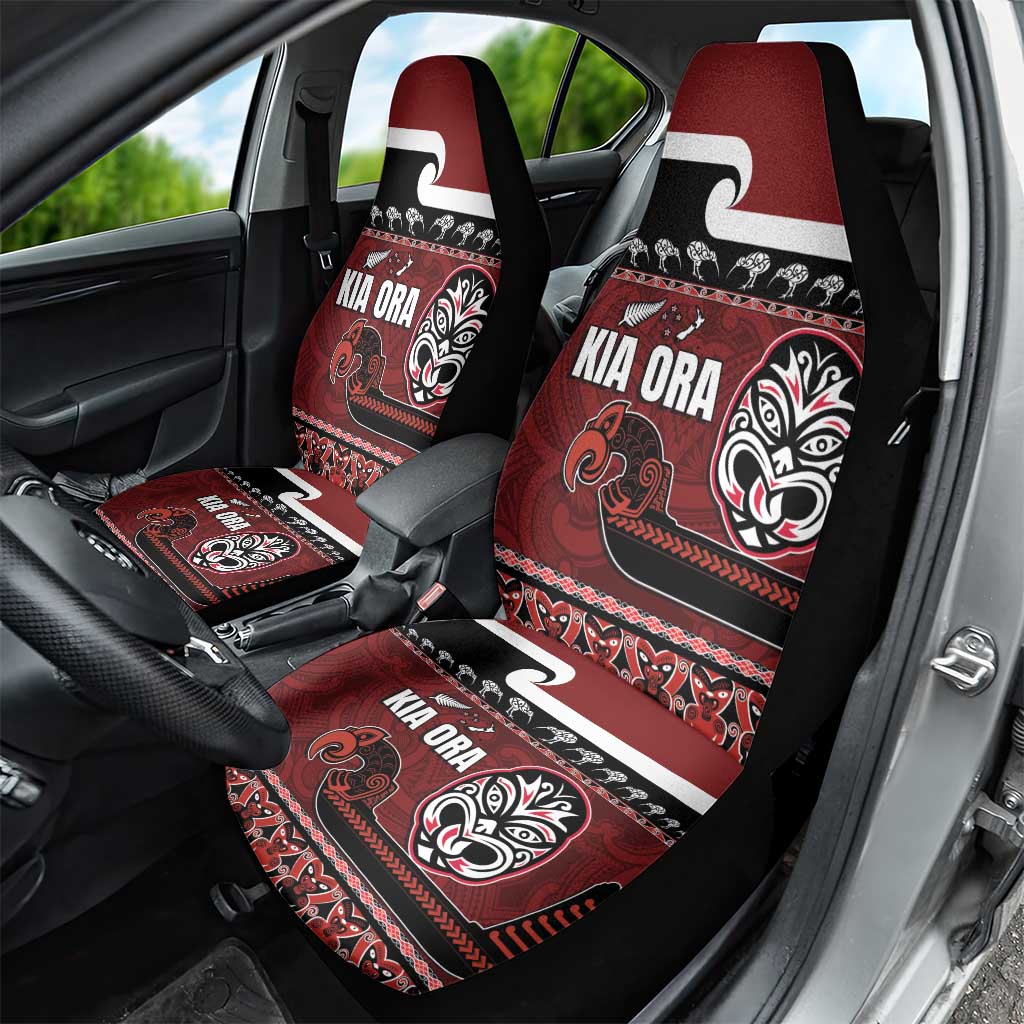 New Zealand Culture Car Seat Cover Kia Ora Aotearoa Moko Tattoo Mask with Waka and Maori Art Pattern LT03 - Polynesian Pride
