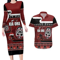 New Zealand Culture Couples Matching Long Sleeve Bodycon Dress and Hawaiian Shirt Kia Ora Aotearoa Moko Tattoo Mask with Waka and Maori Art Pattern LT03 Red - Polynesian Pride