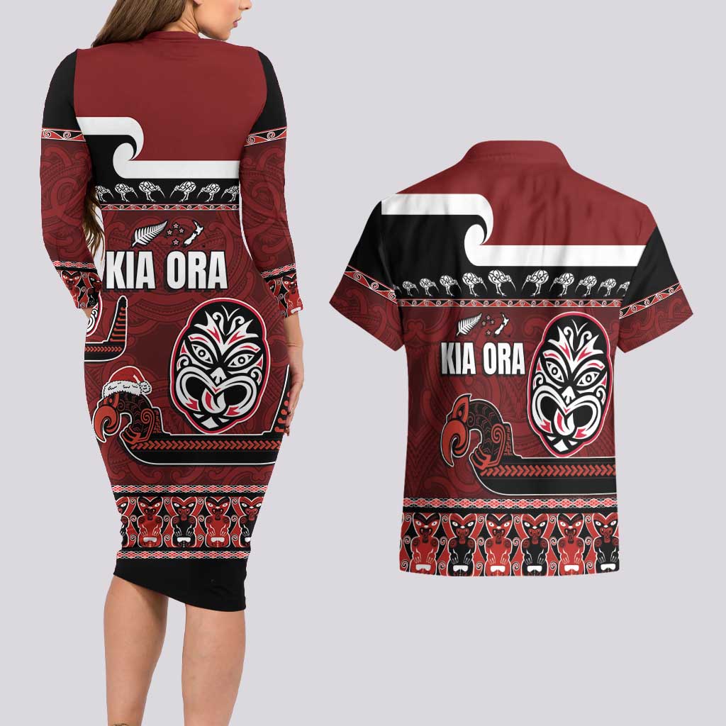 New Zealand Culture Couples Matching Long Sleeve Bodycon Dress and Hawaiian Shirt Kia Ora Aotearoa Moko Tattoo Mask with Waka and Maori Art Pattern LT03 - Polynesian Pride