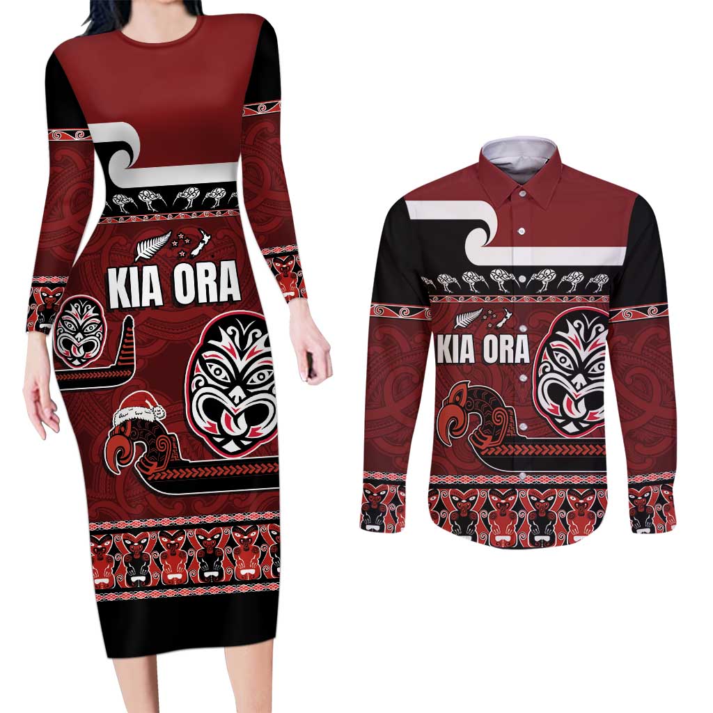 New Zealand Culture Couples Matching Long Sleeve Bodycon Dress and Long Sleeve Button Shirt Kia Ora Aotearoa Moko Tattoo Mask with Waka and Maori Art Pattern LT03 Red - Polynesian Pride