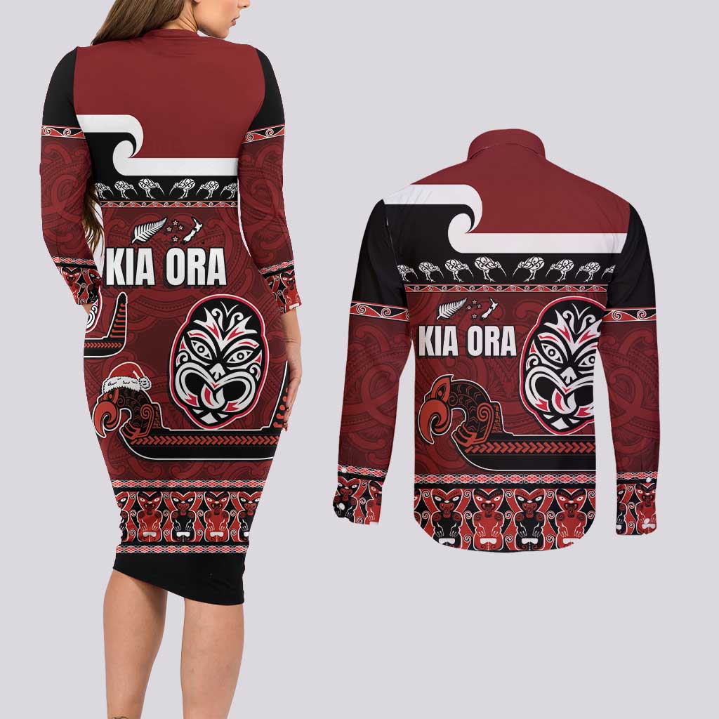 New Zealand Culture Couples Matching Long Sleeve Bodycon Dress and Long Sleeve Button Shirt Kia Ora Aotearoa Moko Tattoo Mask with Waka and Maori Art Pattern LT03 - Polynesian Pride