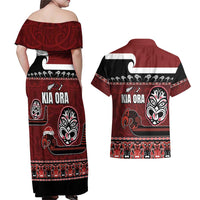 New Zealand Culture Couples Matching Off Shoulder Maxi Dress and Hawaiian Shirt Kia Ora Aotearoa Moko Tattoo Mask with Waka and Maori Art Pattern LT03 - Polynesian Pride