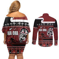 New Zealand Culture Couples Matching Off Shoulder Short Dress and Long Sleeve Button Shirt Kia Ora Aotearoa Moko Tattoo Mask with Waka and Maori Art Pattern LT03 - Polynesian Pride
