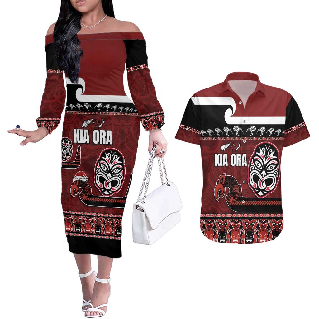 New Zealand Culture Couples Matching Off The Shoulder Long Sleeve Dress and Hawaiian Shirt Kia Ora Aotearoa Moko Tattoo Mask with Waka and Maori Art Pattern LT03 Red - Polynesian Pride