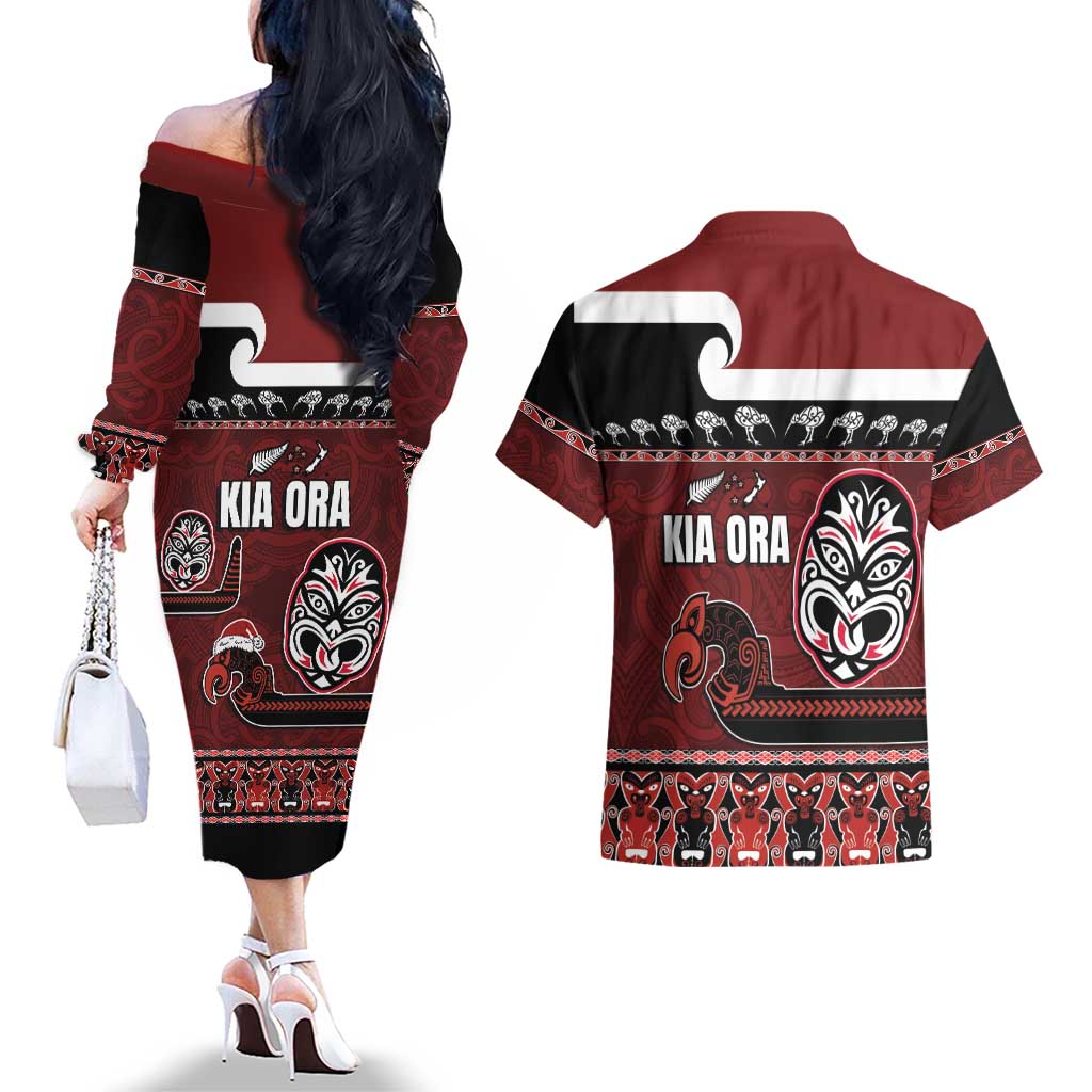 New Zealand Culture Couples Matching Off The Shoulder Long Sleeve Dress and Hawaiian Shirt Kia Ora Aotearoa Moko Tattoo Mask with Waka and Maori Art Pattern LT03 - Polynesian Pride