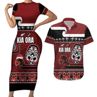 New Zealand Culture Couples Matching Short Sleeve Bodycon Dress and Hawaiian Shirt Kia Ora Aotearoa Moko Tattoo Mask with Waka and Maori Art Pattern LT03 Red - Polynesian Pride