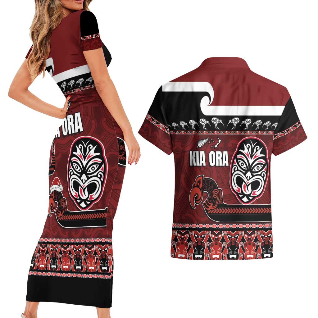 New Zealand Culture Couples Matching Short Sleeve Bodycon Dress and Hawaiian Shirt Kia Ora Aotearoa Moko Tattoo Mask with Waka and Maori Art Pattern LT03 - Polynesian Pride
